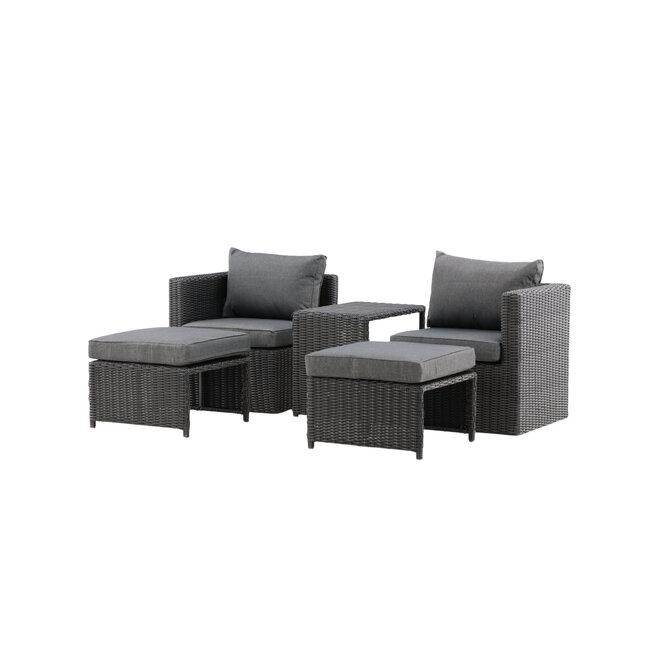 Lounge-Set Quad Schwarz – 5-tlg. Garten-Sitzgruppe aus Kunstrotting mit Sessel, Hocker und Tisch