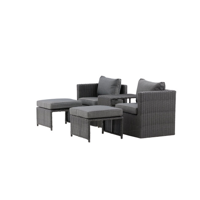 Lounge-Set Quad Schwarz – 5-tlg. Garten-Sitzgruppe aus Kunstrotting mit Sessel, Hocker und Tisch