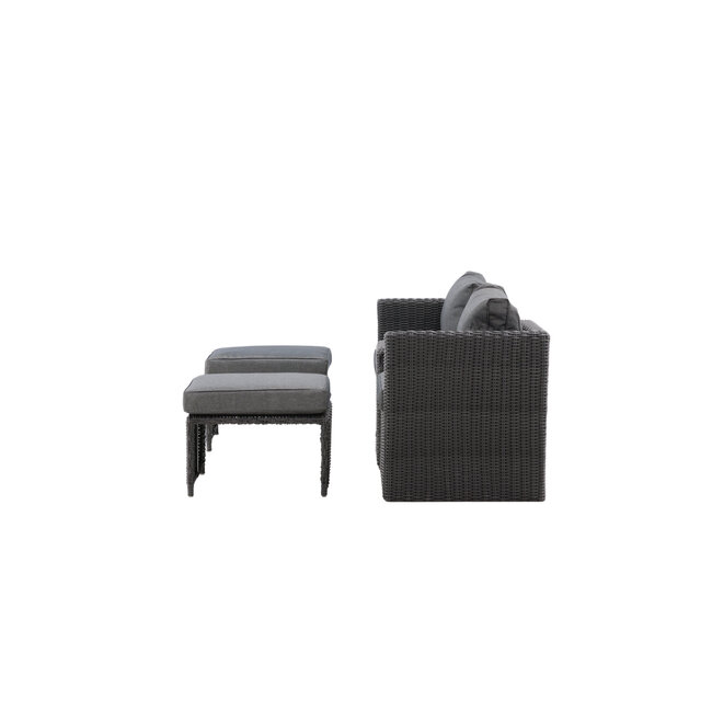 Lounge-Set Quad Schwarz – 5-tlg. Garten-Sitzgruppe aus Kunstrotting mit Sessel, Hocker und Tisch