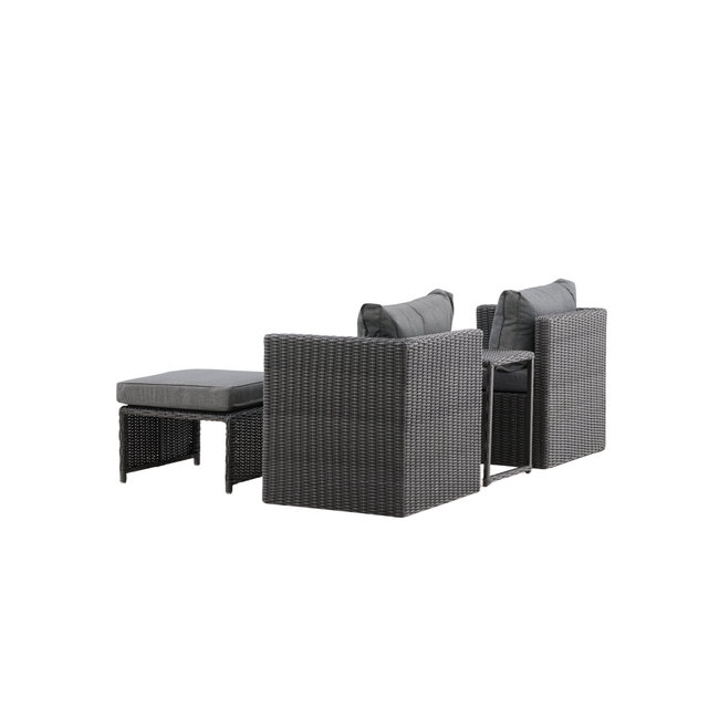 Lounge-Set Quad Schwarz – 5-tlg. Garten-Sitzgruppe aus Kunstrotting mit Sessel, Hocker und Tisch