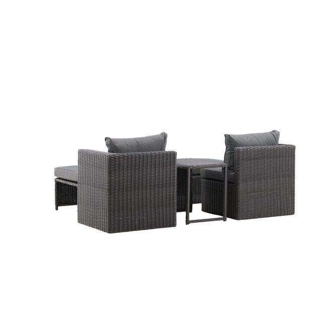 Lounge-Set Quad Schwarz – 5-tlg. Garten-Sitzgruppe aus Kunstrotting mit Sessel, Hocker und Tisch