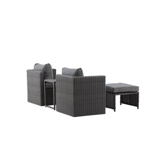 Lounge-Set Quad Schwarz – 5-tlg. Garten-Sitzgruppe aus Kunstrotting mit Sessel, Hocker und Tisch