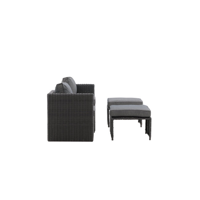 Lounge-Set Quad Schwarz – 5-tlg. Garten-Sitzgruppe aus Kunstrotting mit Sessel, Hocker und Tisch