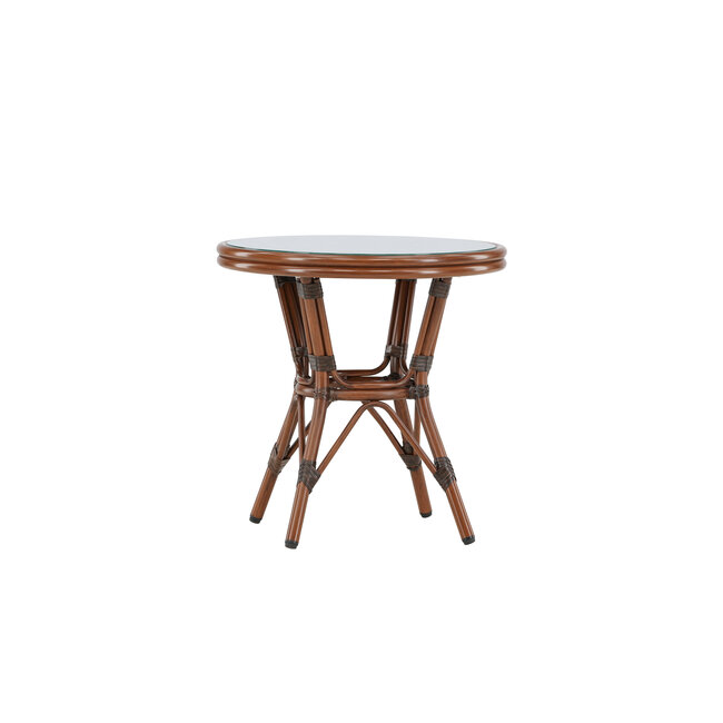 Gartentisch Sagres Braun – Runder Café-Tisch ø60 cm aus Aluminium mit Glasplatte