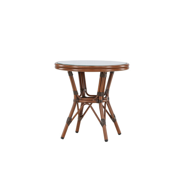 Gartentisch Sagres Braun – Runder Café-Tisch ø60 cm aus Aluminium mit Glasplatte
