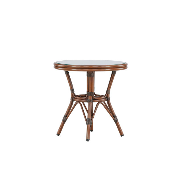 Gartentisch Sagres Braun – Runder Café-Tisch ø60 cm aus Aluminium mit Glasplatte
