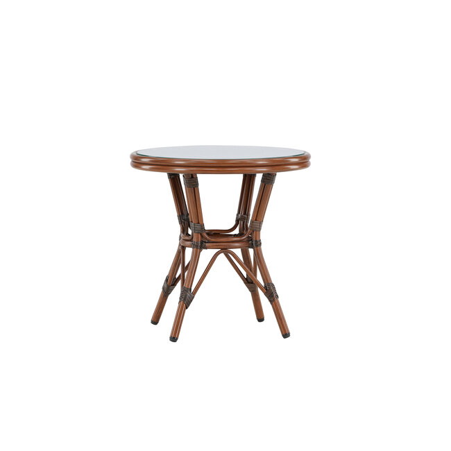Gartentisch Sagres Braun – Runder Café-Tisch ø60 cm aus Aluminium mit Glasplatte