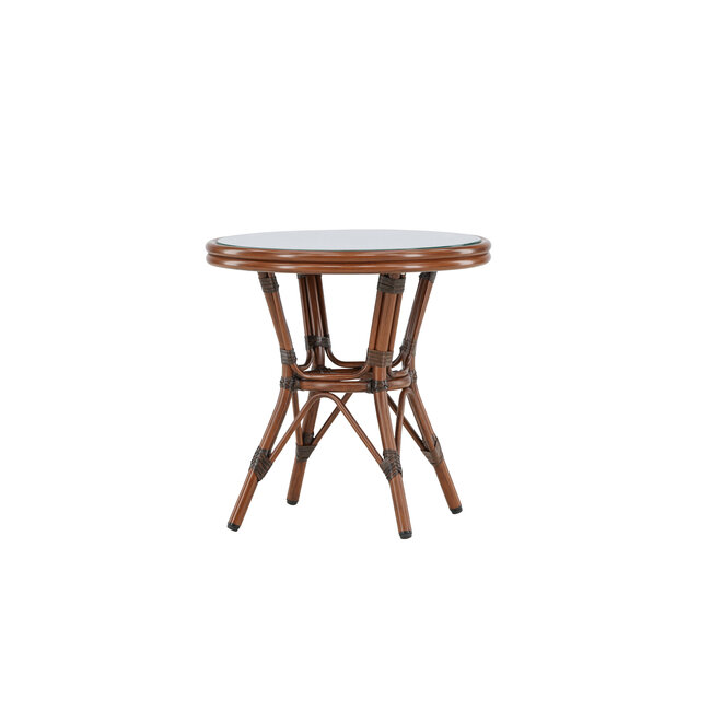 Gartentisch Sagres Braun – Runder Café-Tisch ø60 cm aus Aluminium mit Glasplatte