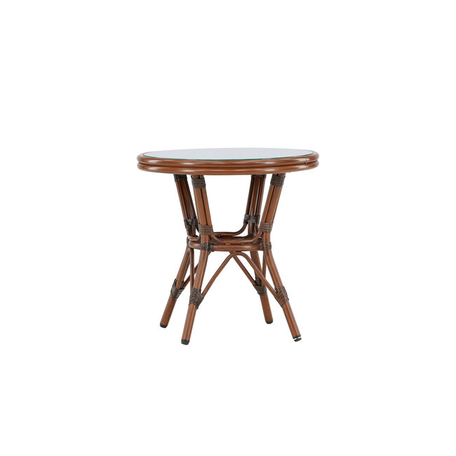 Gartentisch Sagres Braun – Runder Café-Tisch ø60 cm aus Aluminium mit Glasplatte