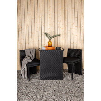 Venture Home Café-Set Savanna Schwarz – 3-tlg. Balkon-Bistroset mit 2 Stühlen & Glastisch aus schwarzem Kunstrotting