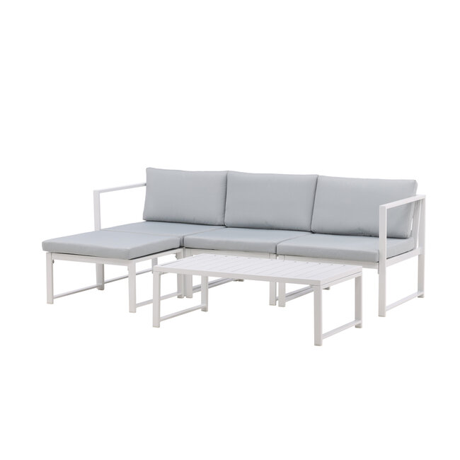 Lounge-Set Salvador Weiß – Modulares 5-tlg. Sofa-Set mit Ottomane und Couchtisch, inkl. graue Kissen