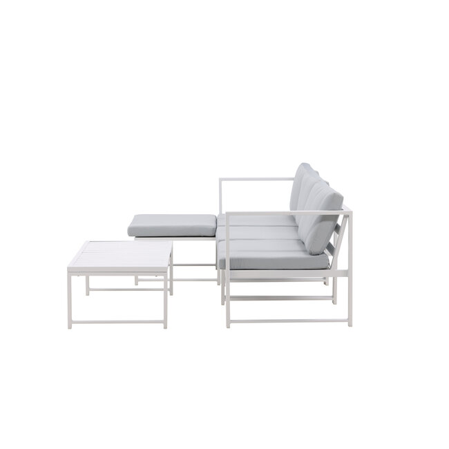 Lounge-Set Salvador Weiß – Modulares 5-tlg. Sofa-Set mit Ottomane und Couchtisch, inkl. graue Kissen