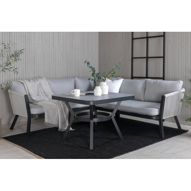 Lounge-Set Virya Grau – Modernes Garten-Lounge-Set aus Polyester-Seilgeflecht, Aluminium und Glas, 206 × 143 × 65 cm, wetterfest