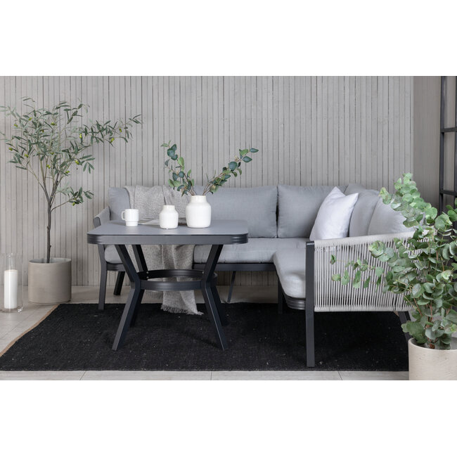 Lounge-Set Virya Grau – Modernes Garten-Lounge-Set aus Polyester-Seilgeflecht, Aluminium und Glas, 206 × 143 × 65 cm, wetterfest