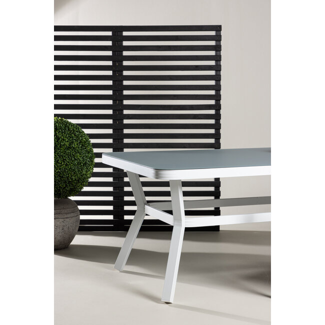 Gartentisch Virya Weiß – Großer Outdoor-Tisch aus Mattglas und weißem Aluminium, 100 × 200 × 74 cm, wetterfest