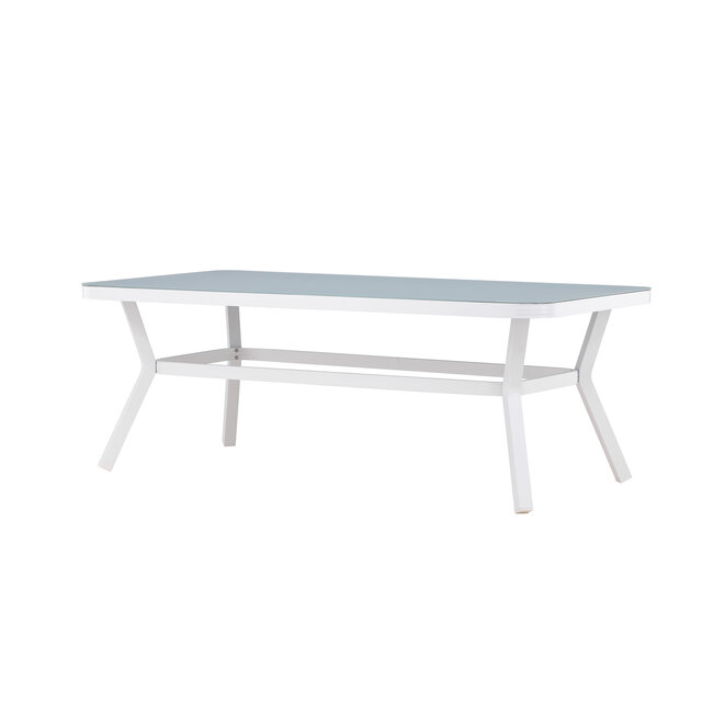 Gartentisch Virya Weiß – Großer Outdoor-Tisch aus Mattglas und weißem Aluminium, 100 × 200 × 74 cm, wetterfest