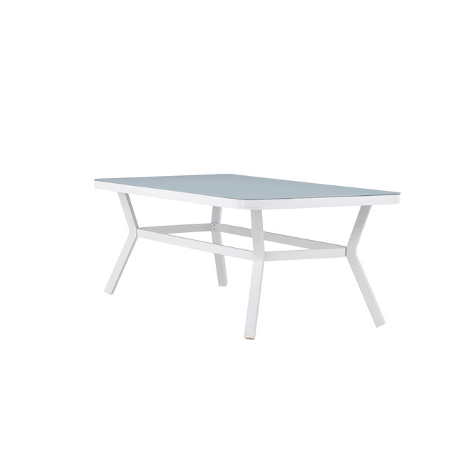 Gartentisch Virya Weiß – Großer Outdoor-Tisch aus Mattglas und weißem Aluminium, 100 × 200 × 74 cm, wetterfest