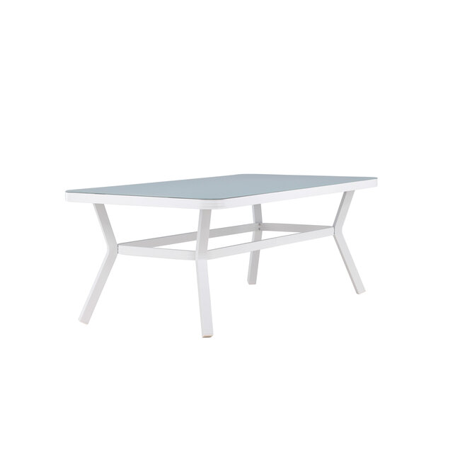 Gartentisch Virya Weiß – Großer Outdoor-Tisch aus Mattglas und weißem Aluminium, 100 × 200 × 74 cm, wetterfest