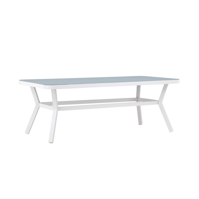 Gartentisch Virya Weiß – Großer Outdoor-Tisch aus Mattglas und weißem Aluminium, 100 × 200 × 74 cm, wetterfest