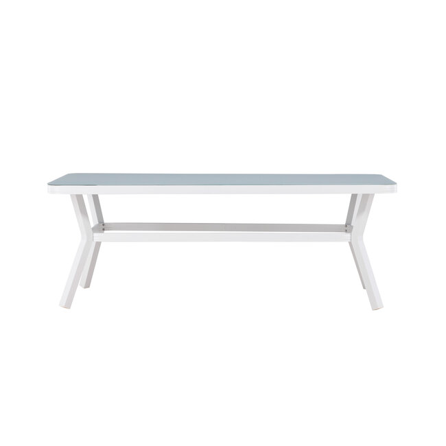 Gartentisch Virya Weiß – Großer Outdoor-Tisch aus Mattglas und weißem Aluminium, 100 × 200 × 74 cm, wetterfest