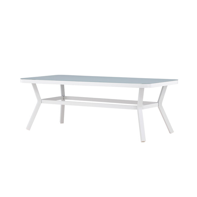 Gartentisch Virya Weiß – Großer Outdoor-Tisch aus Mattglas und weißem Aluminium, 100 × 200 × 74 cm, wetterfest
