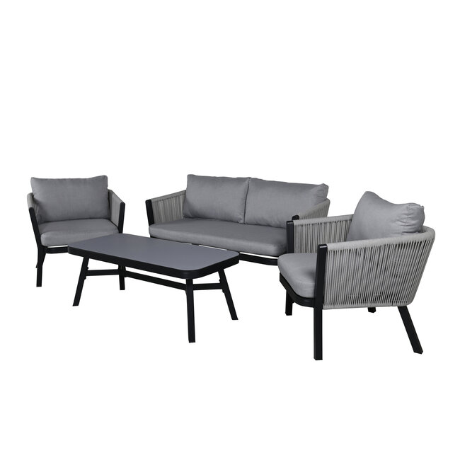 Lounge-Set Virya Schwarz – Moderne Outdoor-Lounge aus Aluminium und Glas, 150 × 77 × 72 cm, wetterfest
