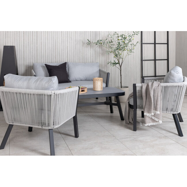 Lounge-Set Virya Schwarz – Moderne Outdoor-Lounge aus Aluminium und Glas, 150 × 77 × 72 cm, wetterfest