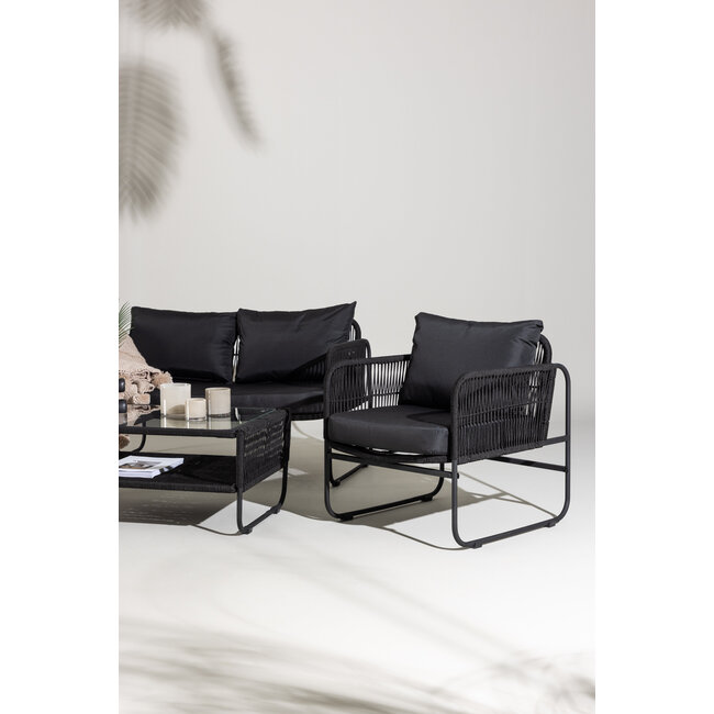 Lounge-Set Utah Schwarz – Moderne Outdoor-Lounge aus Polyester-Seilgeflecht und Stahl, 127 × 76 × 77 cm, wetterfest