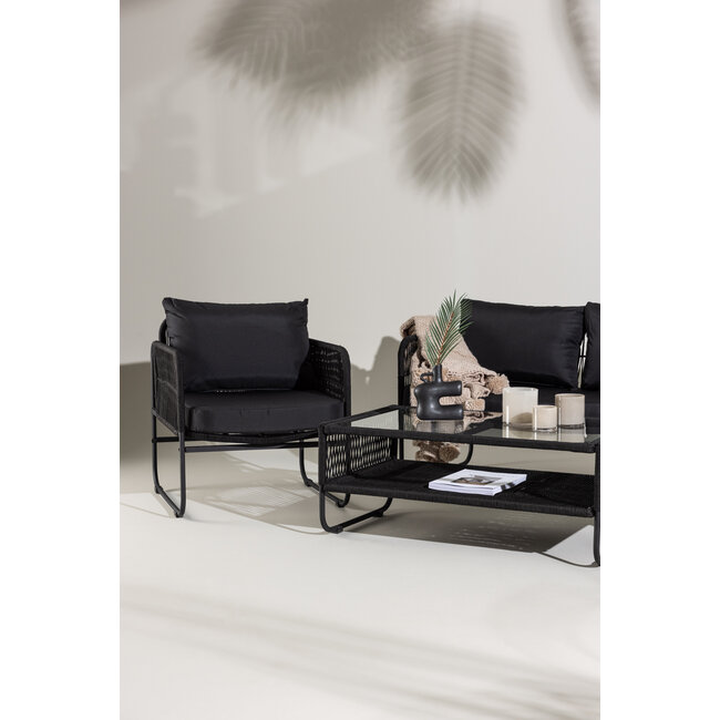 Lounge-Set Utah Schwarz – Moderne Outdoor-Lounge aus Polyester-Seilgeflecht und Stahl, 127 × 76 × 77 cm, wetterfest