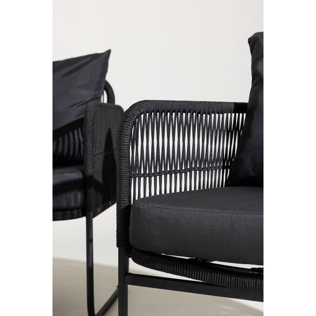 Lounge-Set Utah Schwarz – Moderne Outdoor-Lounge aus Polyester-Seilgeflecht und Stahl, 127 × 76 × 77 cm, wetterfest