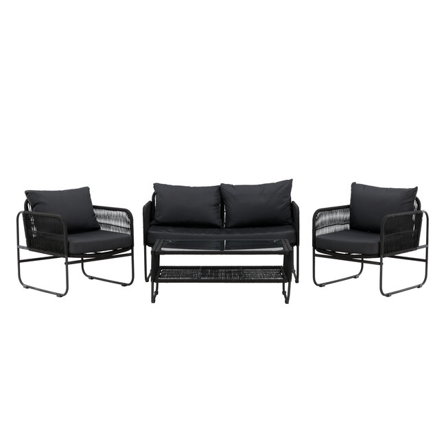Lounge-Set Utah Schwarz – Moderne Outdoor-Lounge aus Polyester-Seilgeflecht und Stahl, 127 × 76 × 77 cm, wetterfest