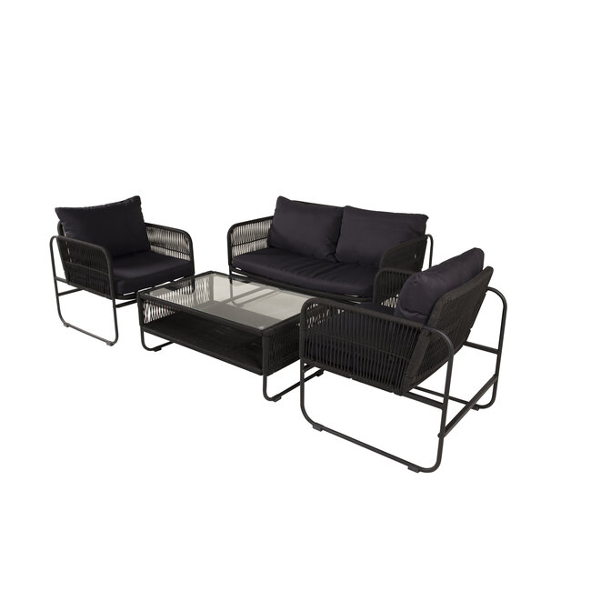 Lounge-Set Utah Schwarz – Moderne Outdoor-Lounge aus Polyester-Seilgeflecht und Stahl, 127 × 76 × 77 cm, wetterfest
