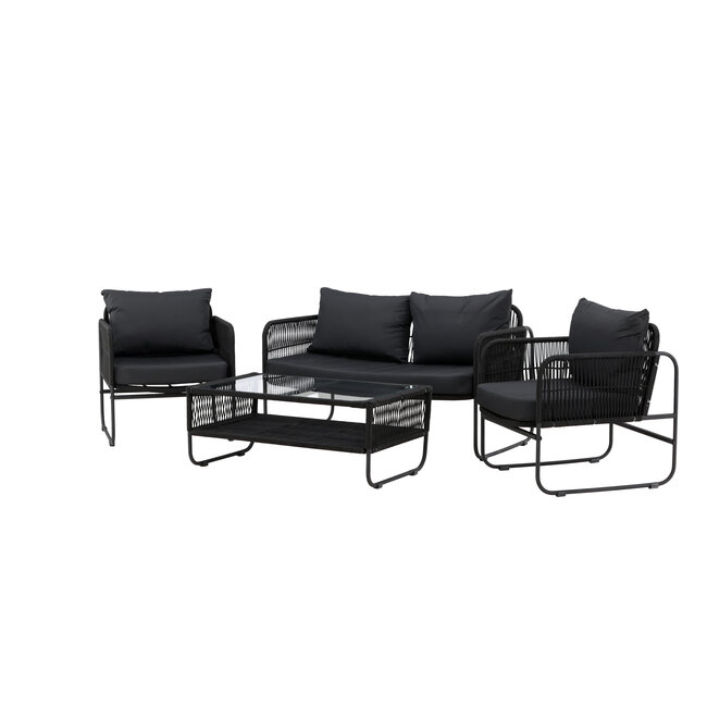 Lounge-Set Utah Schwarz – Moderne Outdoor-Lounge aus Polyester-Seilgeflecht und Stahl, 127 × 76 × 77 cm, wetterfest