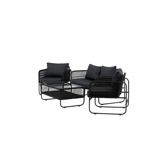 Lounge-Set Utah Schwarz – Moderne Outdoor-Lounge aus Polyester-Seilgeflecht und Stahl, 127 × 76 × 77 cm, wetterfest