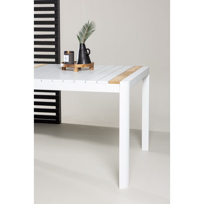 Gartentisch Togo Weiß XL – Großer Outdoor-Tisch aus Aluminium und Teakholz, 100 × 200 × 75 cm, wetterfest