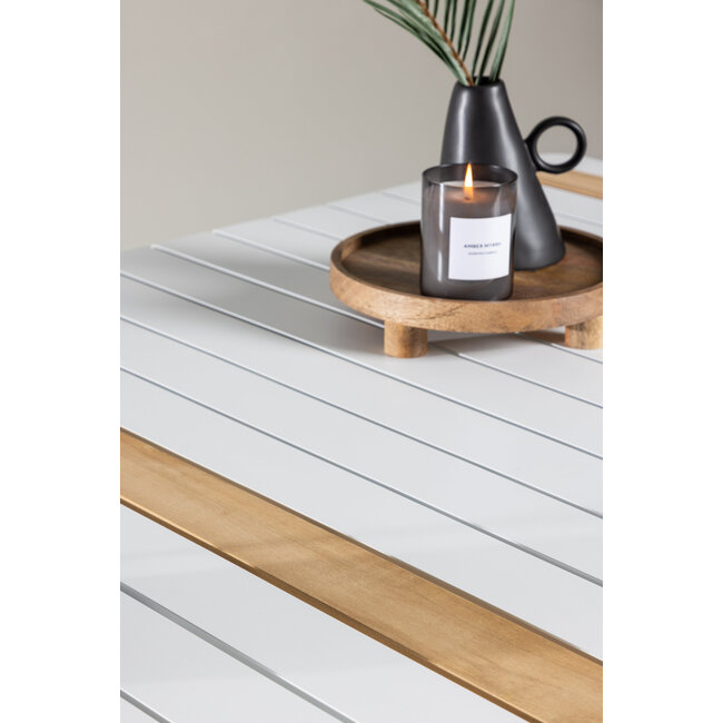 Gartentisch Togo Weiß XL – Großer Outdoor-Tisch aus Aluminium und Teakholz, 100 × 200 × 75 cm, wetterfest