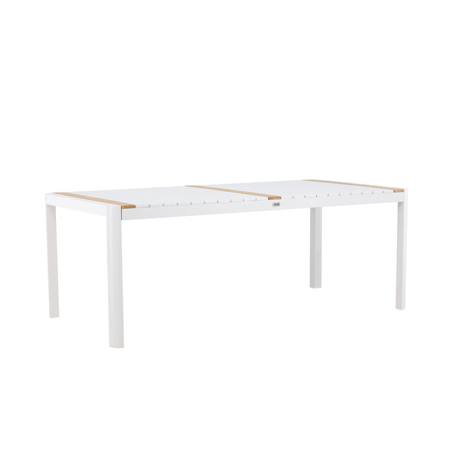 Gartentisch Togo Weiß XL – Großer Outdoor-Tisch aus Aluminium und Teakholz, 100 × 200 × 75 cm, wetterfest