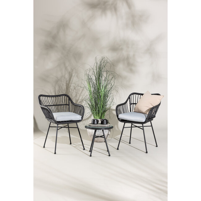 Balkonset Viga Schwarz – 3-tlg. Loungegruppe mit 2 Sesseln und rundem Glastisch für Balkon und Terrasse