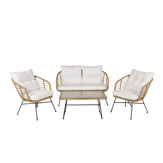 Venture Home Lounge-Set Viga Natur – 4-tlg. Sofagruppe mit 2-Sitzer, 2 Sesseln & Glascouchtisch für Terrasse & Wintergarten