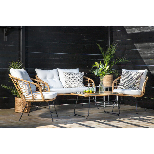 Lounge-Set Viga Natur – 4-tlg. Sofagruppe mit 2-Sitzer, 2 Sesseln und Glascouchtisch für Terrasse und Wintergarten