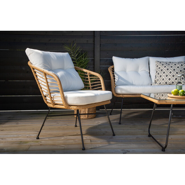 Lounge-Set Viga Natur – 4-tlg. Sofagruppe mit 2-Sitzer, 2 Sesseln und Glascouchtisch für Terrasse und Wintergarten