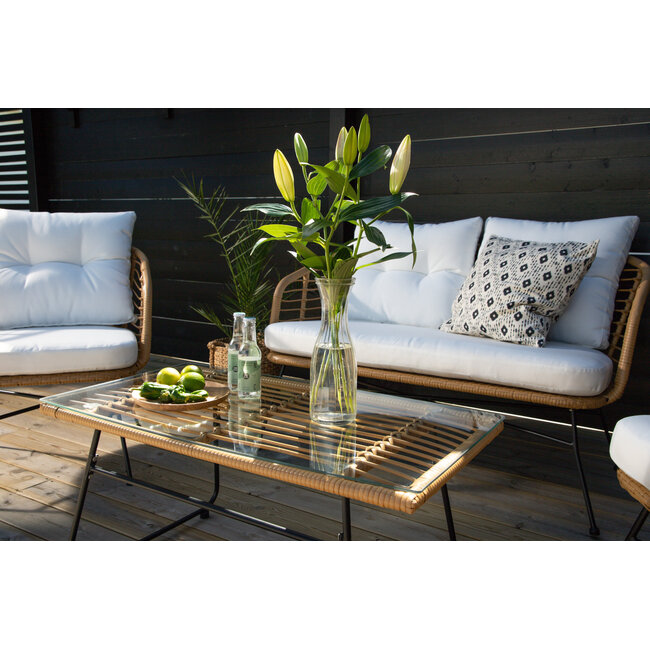 Lounge-Set Viga Natur – 4-tlg. Sofagruppe mit 2-Sitzer, 2 Sesseln und Glascouchtisch für Terrasse und Wintergarten