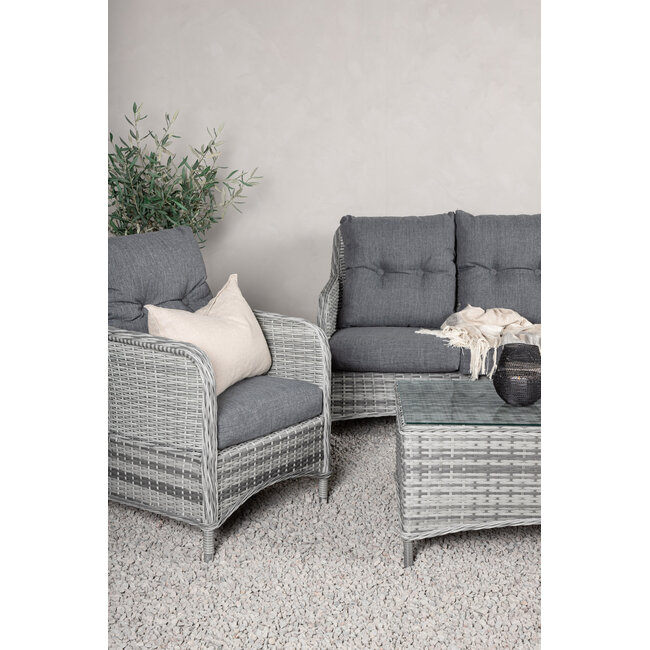 Lounge-Set Vikelund Grau – Rattansofa-Gruppe mit 3-Sitzer, 2 Sesseln & Glastisch für Terrasse & Garten