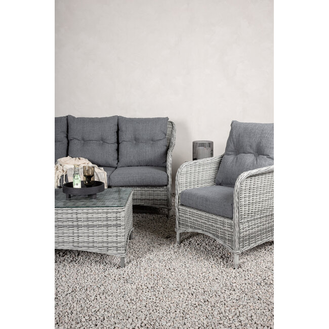 Lounge-Set Vikelund Grau – Rattansofa-Gruppe mit 3-Sitzer, 2 Sesseln & Glastisch für Terrasse & Garten