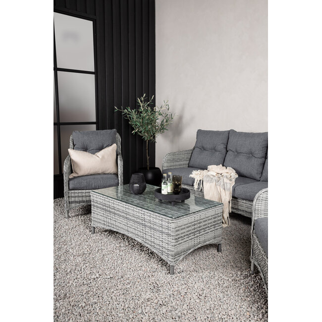 Lounge-Set Vikelund Grau – Rattansofa-Gruppe mit 3-Sitzer, 2 Sesseln & Glastisch für Terrasse & Garten