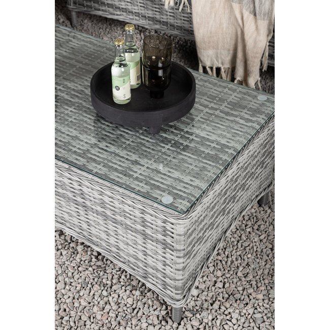 Lounge-Set Vikelund Grau – Rattansofa-Gruppe mit 3-Sitzer, 2 Sesseln & Glastisch für Terrasse & Garten