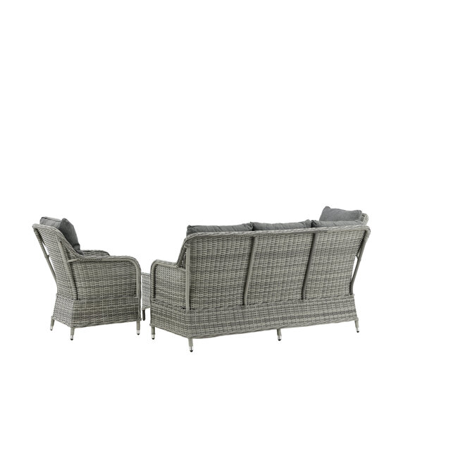 Lounge-Set Vikelund Grau – Rattansofa-Gruppe mit 3-Sitzer, 2 Sesseln & Glastisch für Terrasse & Garten