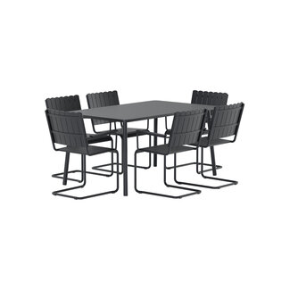 Venture Home Essgruppe Holmsund Schwarz – Rechteckiger Tisch & 6 Stühle aus Stahl & Polywood für Terrasse & Garten