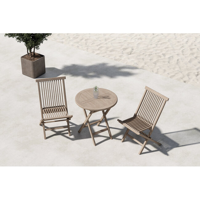Café-Set Kenya Whitewash – Runder Teak-Tisch Ø70 cm & 2 Stühle für Balkon & Garten