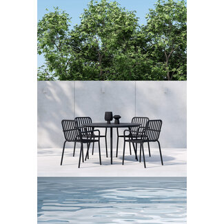 Venture Home San Vito & Peking Dining Set Schwarz – Moderner Outdoor-Esstisch mit 4 Stapelstühlen